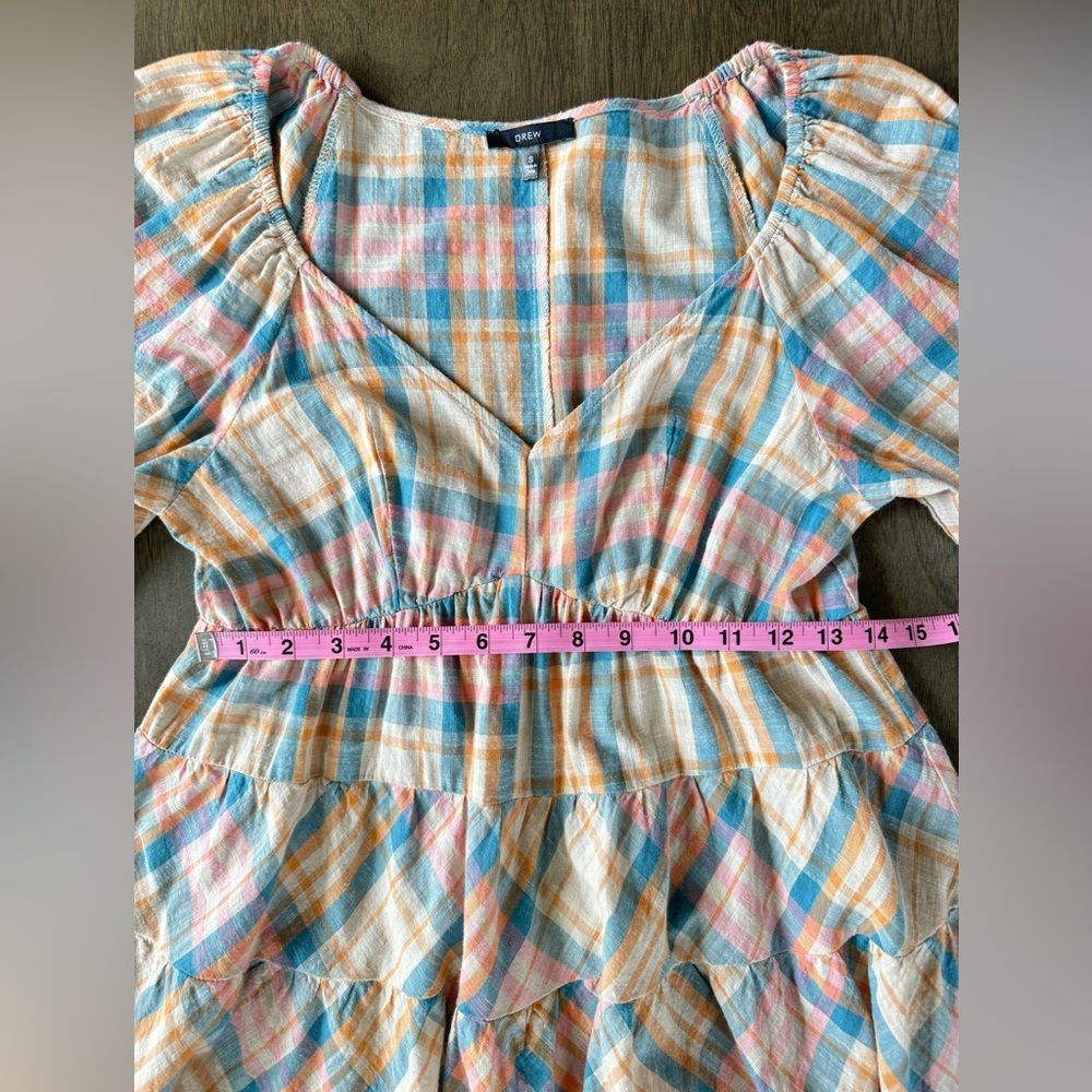 Drew Puff Sleeve Cottage Tiered Midi Dress Plaid Tan Pink Blue Multi Sz S - Picture 7 of 11
